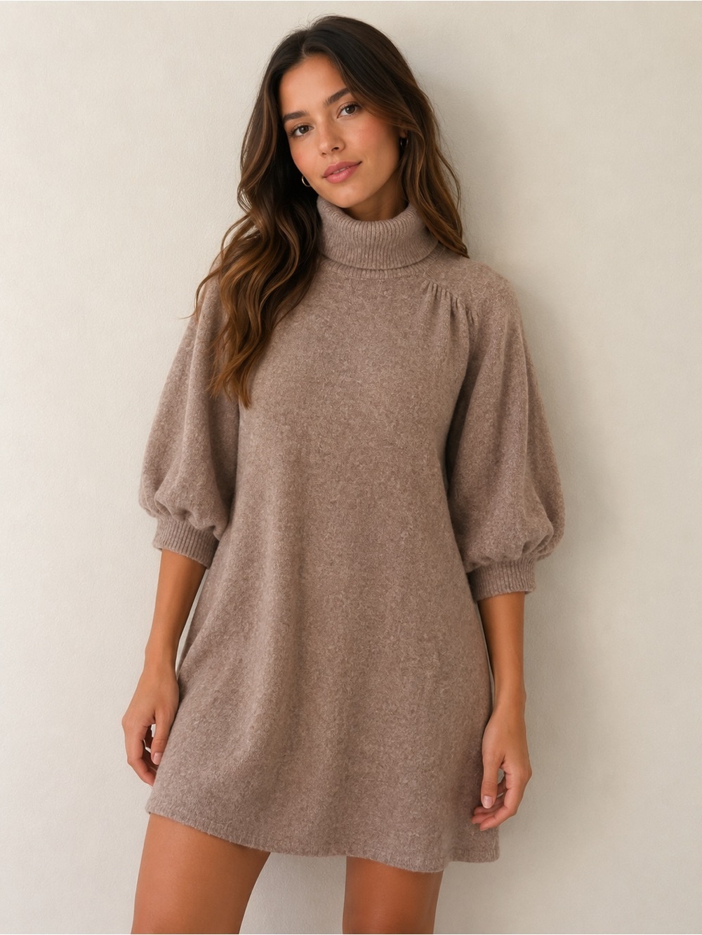 Zara Taupe Knit Turtleneck Sweater Dress Puff Sleeve Size Small